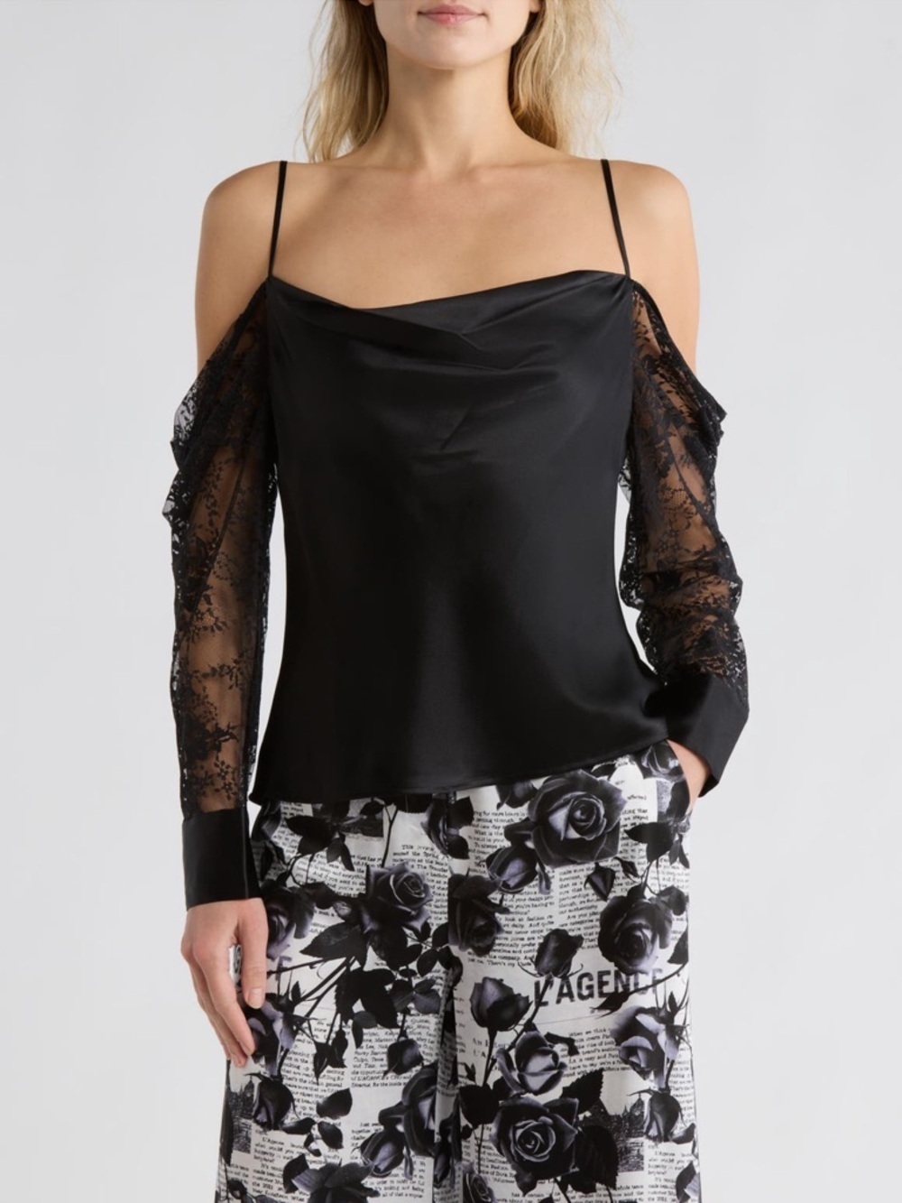 NEW L’AGENCE Black Satin Cold-Shoulder Lace Sleeve Top Cowl Scoop Fold Neck Med